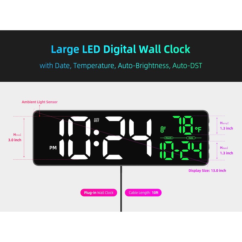Large LED Digital Wall Clock with Date, Temperature, Auto-Brightness, Auto-DST