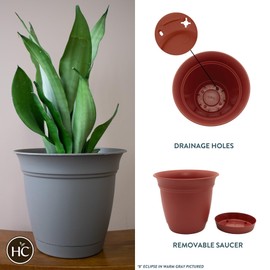 The HC Companies 12 Inch Eclipse Round Planter with Saucer - Indoor Outdoor Plant Pot for Flowers, Vegetables, and Herbs, Clay