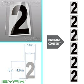 iSYFIX Black Vinyl Number 2 (Two) Stickers - 6 Pack 5 inch - Premium Decal, Reflective Background, Pre-Spaced for Mailbox, Signs, Window, Door, Cars, Truck, Home, Business, Address, Indoor & Outdoor
