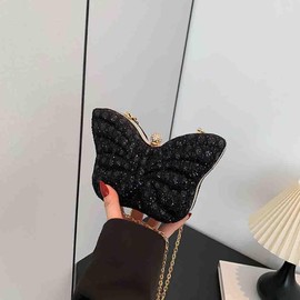 Women's Hollow Butterfly Shoulder Bag, Luxury Glitter Rhinestone Chain Evening Purse, Cute Wedding Party Bridal Prom Handbag (Black)
