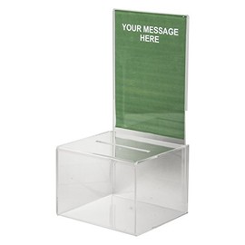 Clear-Ad - Clear Acrylic Ballot & Donation Box 5x4x5 with Sign Holder - Plastic Countertop Tip Jar for Money - Plexiglass Coin Container (Single Pack)