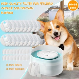 16 Pack Dog Water Fountain Replacement Filters for Petlibro Capsule Dog Fountain PLWF008,Dog Water Fountain Filter with Replacement Pre-Filter Pump Sponges.