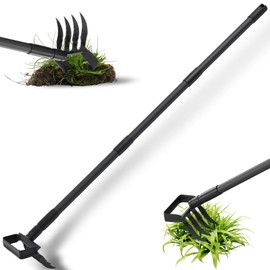 FreshFarm Hula Garden Hoe and 4 Tines Rake 2-in-1 Garden Tool for Weeding, Garden Cultivator with 62.6" Adjustable Long Handle Heavy Duty Weed Puller Stirrup Hoe for Ditching, Seeding, Loosening Soil