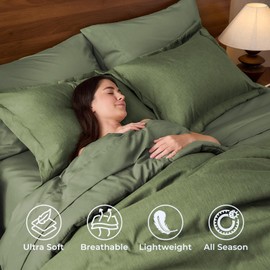 JOLLYVOGUE Queen Comforter Set Dark Green, Cationic Dyeing Bed in a Bag Queen 7 Pieces, Double-Tone Bedding Set with Down Alternative Comforter, Sheets, Pillowcases & Shams