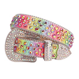 TINIDI Luxury Strap Men Women Rhinestones Belt Western Bling Bling Crystal Diamond Studded Belts, Rainbow, Fit Waist 32-34 inches