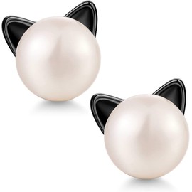 18K White Gold Plated Cat Stud Earrings Pearl Earrings 925 Sterling Silver Ladies Freshwater Pearl for Kids Girls Christmas Earrings Jewellery, Silver, E: Black 2.