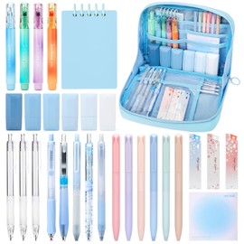 ESSALOO 30 PCS Filled Pencil Case with Stationery Included, Aesthetic Stationery Set for Girls, 11 Gel Pens, 4 Pastel Highlighters, 3 Mechanical Pencils for Back to School Students (Blue)