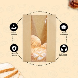 30 Sourdough Bread Bags For Homemade Loaf Kraft Brown Paper Bread Bags with Window and Square Bottom Large Bakery Bag - Reusable and Disposable Square Bottom for Easy Storage of Sandwiches and Bagels