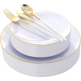 IOOOOO 150Pcs Gold Plastic Plates with Disposable Silverware,White Gold Dinnerware Set - 30 Dinner Plate,30 Dessert Plate,90 Gold Cutlery with White Handles,Fancy Plates for Party Wedding