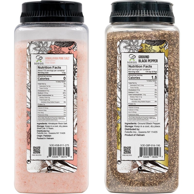 Soeos Himalayan Pink Salt Fine 39 oz + Ground Black