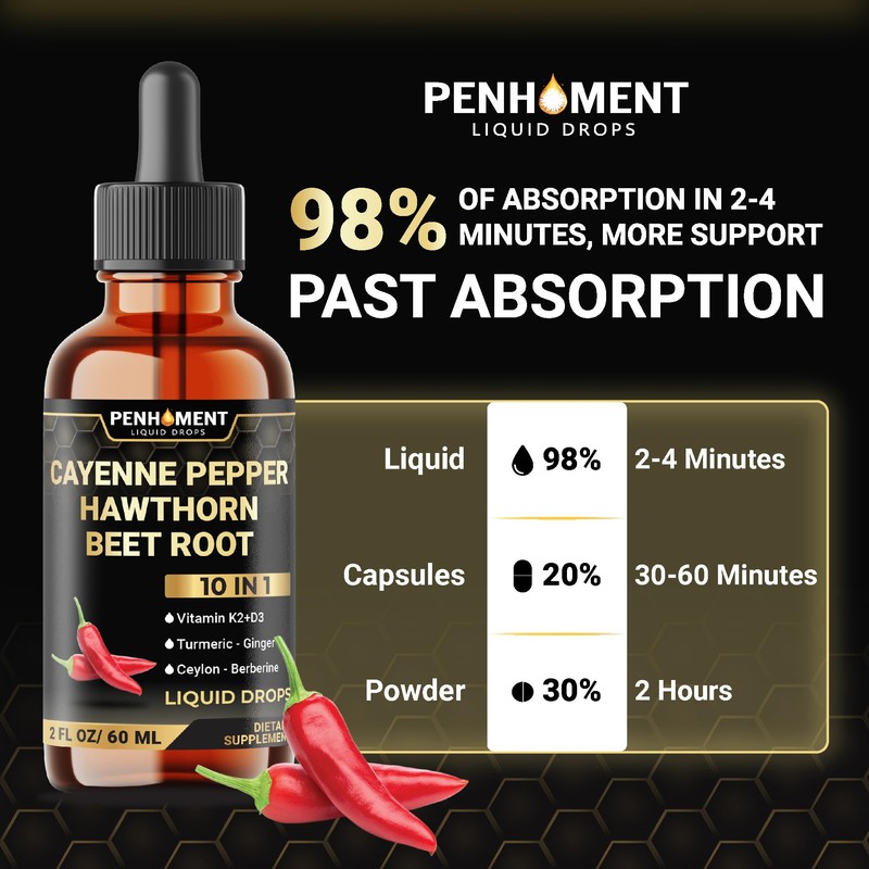 Penhoment 10in1 Cayenne Pepper Liquid Drops + Hawthorn Berry, Vitamin