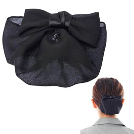 [KOEIDO Beauty Hair] Ribbon Barrette (with Net), Bun Net, Chignon, Scrunchie, Easy (Black) (Black (Matte Texture/Small Ribbon))