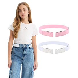 Monopa Kids Elastic No Buckle Belt for Girls Toddler for Causal Pants Jeans, White and Pink, Fit Waist 17''-27''