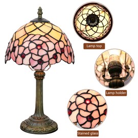 wecrejoni Tiffany Lamp Stained Glass Table Lamp 8X8X14 Inches Desk Reading Light Decor Beside Bedroom Living Room Home (H-1055- Cherry Blossom)