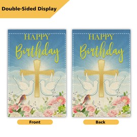 Happy Birthday Garden Flag with Crosses Dove Yard Sign Vertical Double Sided Memorial Decor, 12 x 18 Inch