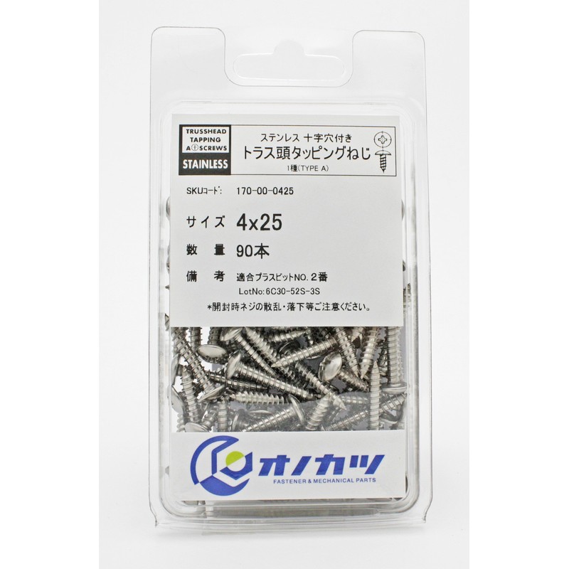 Onokatsu Truss Head Tapping Screws, Stainless Steel, 4x25, 90 Pieces