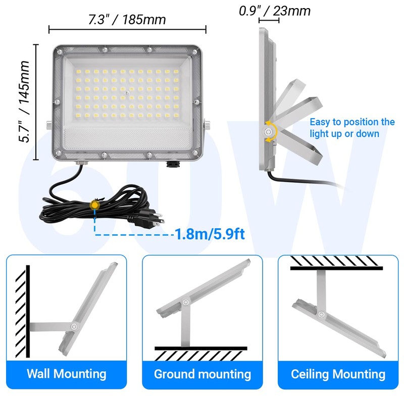 Ceena 60W Plug in LED Flood Lights Outdoor, 6000lm Super