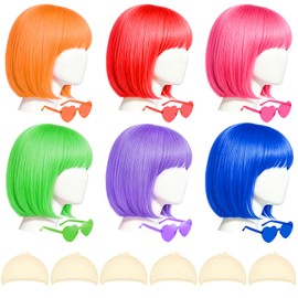 KEEPFINE 6 Pack Colored Short Bob Wigs and 6 Pcs Heart Sunglass Set, Neon Colorful Party Hair Wig for Women Costume Cosplay (Dark)