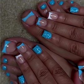 Blue Press on Nails and Toes Matching Set French Tip toe nail press ons Short Square Fake Nails Curve Design Stick on Nails Glossy Summer Acrylic Glue on Toenails for Women Nail Art Decoration 48Pcs