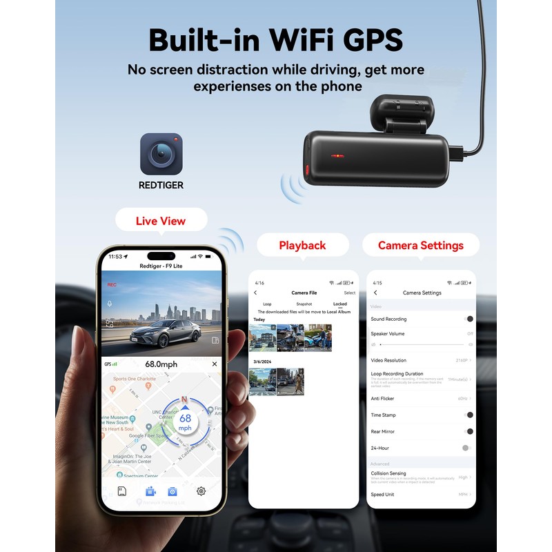 REDTIGER 4K Dash Cam Front, ADAS, Built-in WiFi GPS, Mini