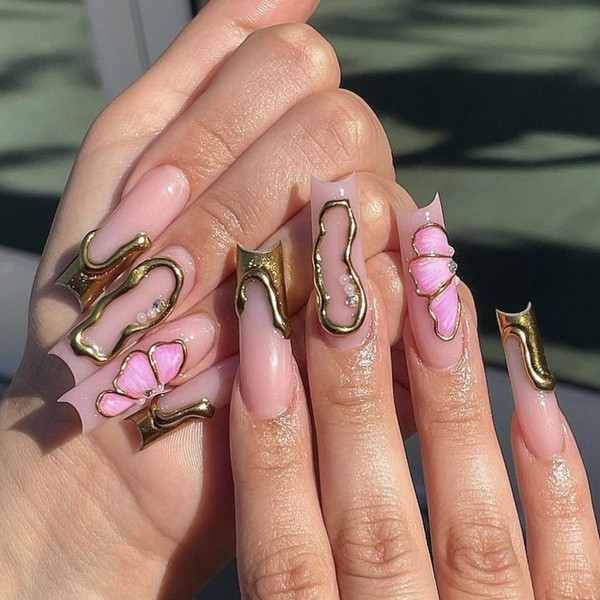 MERVF Long Square Press on Nails Gold French Tip Fake