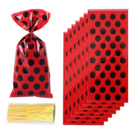 Macute Cellophane Treat Bags Ladybug Party Favor Bags for Snacks Bee Birthday Party Wrapping Paper Gift Bags Animal Themed Candy Bags Party Favors Bee Clear Gift Bags 50Pcs (Ladybug Red)