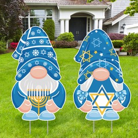 Bucherry 2 Pcs Hanukkah Metal Yard Signs with Stakes, 16 Inch Hanukkah Gnomes Metal Yard Signs for Hanukkah Outdoor Decorations Happy Chanukah Festival Party Supplies Lawn Garden Yard Decor