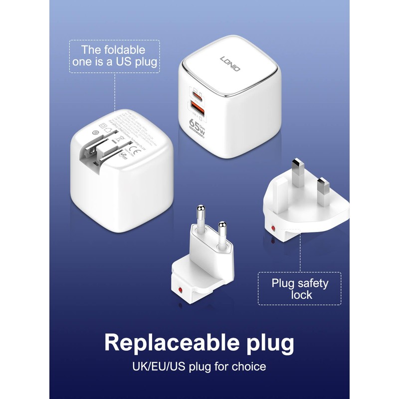 High-Speed Dual-Port 65W USB Charger with Replaceable Plugs – PD