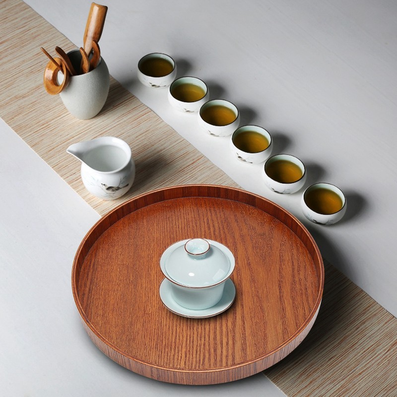 Wooden Round Tea Cup Tray Coffee Plates Holder Serving Tray