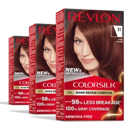 Revlon ColorSilk with Bond Repair Complex, Auburn Permanent Hair Color, 100% Gray Coverage, Ammonia Free Hair Dye, Vegan Keratin, 31 Dark Auburn (Pack of 3)