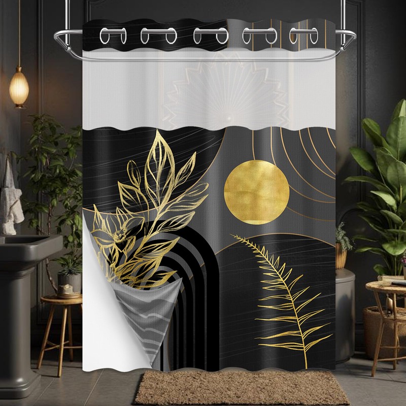 DLTAY Black and Gold Hookless Shower Curtain with Snap in