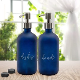 Cornucopia 16oz Hands Dishes Pump Bottles (Blue, Set of 2); Frosted Blue Pump Dispensers for Kitchen and Home
