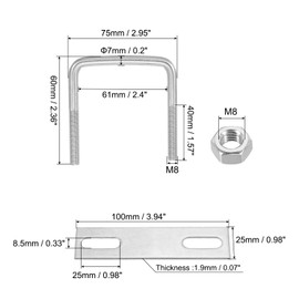 PATIKIL M8x60x60mm Square U-Bolts Kit, 2Set 304 Stainless Steel Square U Shaped Bolts Replacement Parts with Frame Plates and Nuts for Ski Board Sailboat Trailer