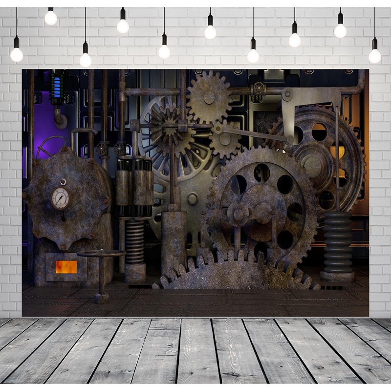 BELECO 7x5ft Fabric Antique Steampunk Backdrop Mechanical Metal Gears Clock