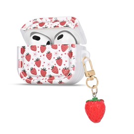 CameCosy for AirPods 3rd Generation Case with Lovely Keychain, Cute Strawberry Flowers Design for Women Girls Protective Shockproof Soft TPU Premium Cover for AirPods 3 Gen