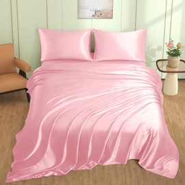 VACVELT 4pcs Pink Satin Sheets Full Size Bed Set, 15 Inch Deep Pocket Silky Satin Sheet Set, Soft Satin Bedding Set Cooling & Luxury Bed Sheets, 1 Fitted Sheet + 1 Flat Sheet + 2 Pillowcases