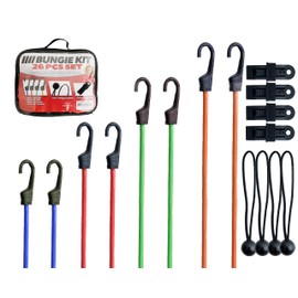 Bungee Cords with Hooks - 26pc Heavy Duty Assortment with Storage Case, Canopy Ties & Ball Bungees Bungie Cord Set