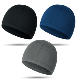 Pack of 3 Breathable Elastic Underhelmet Cap Summer Lightweight Thin Cotton Hat Cooling Skull Cap Cycling Hat Under Helmet Running Hat Sports Beanie, Black, dark grey, navy blue