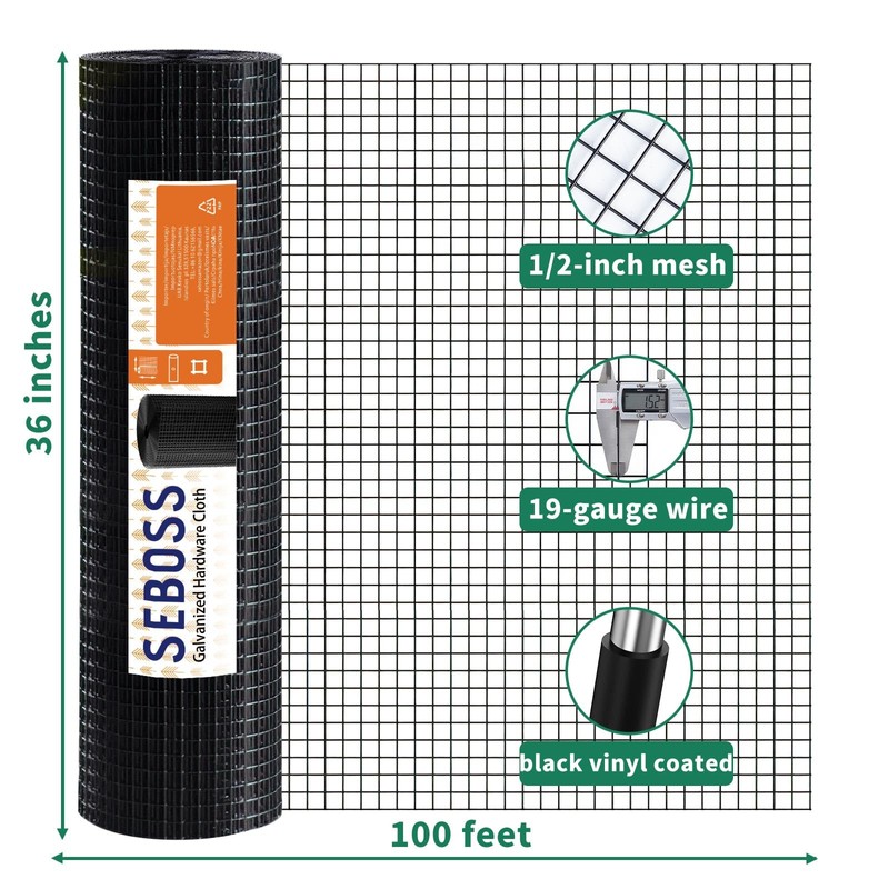 SEBOSS Black Hardware Cloth 1/2 inch 36 x 100 Ft