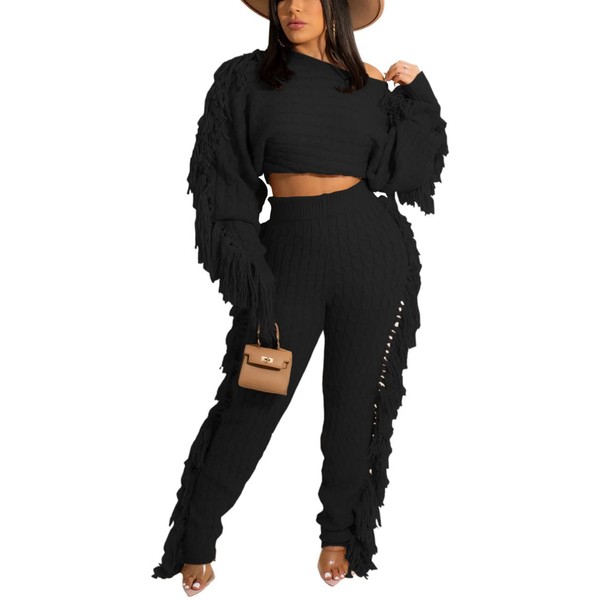 NRTHYE Sweater Sets for Women Knitted Tassels 2 Piece Outfits