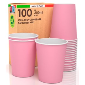 Pack of 100 Paper Cups 200 ml Eco-Friendly Biodegradable Disposable Made in Italy Take Away Warm Drinks Water Pink - Made and Packaged in Italy