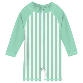 uideazone 12-18 Months Boys Rashguard Swimsuit Light Green Striped Long Sleeve One Piece Zipper Swimwear Bathing Suits