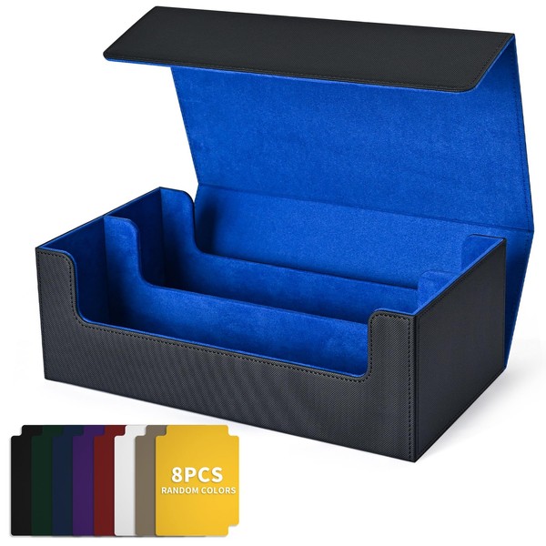 UAONO Card Storage Box for Trading Cards, 1200+ Leather Commander Card Deck Case, Magnetic Closure Card Holder Fits for Magic Game Cards (Black&Blue)