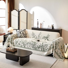 DREAMINGO Floral Sofa Cover for 2 Cushion Couch Thick Plush Loveseat Cover 71x118 Inch Vintage Jacquard Tassel Sofa Slipcover for Living Room Farmhouse Sectional Couch Protector Washable, Green