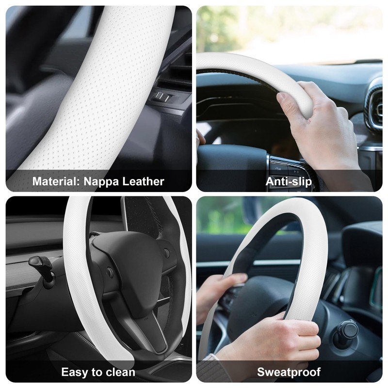 frani Nappa Leather Steering Wheel Cover, Universal 15 Inch Premium