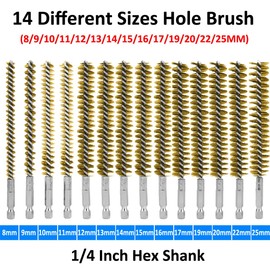 MOCNT Pack of 14 Brass Wire Brush Cylinder Hole Brush Pipe Cleaning Brush 1/4 Inch Hex Bar Borehole Brush Boiler Brush Stove Pipe Brush Drill Polishing
