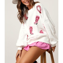 LILTWIST Cute Heart Graphic Sweatshirts Holiday Love Sweater Shirts for Women Sequin Cowboy Boots Long Sleeve Tops with Heart White