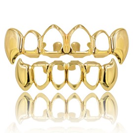 TOPGRILLZ 14K Gold Plated Open Face Top and Bottom Grillz for Your Teeth Vampire Grill Hip Hop Cosplay Costume Rapper Accessory (Gold Vampire)