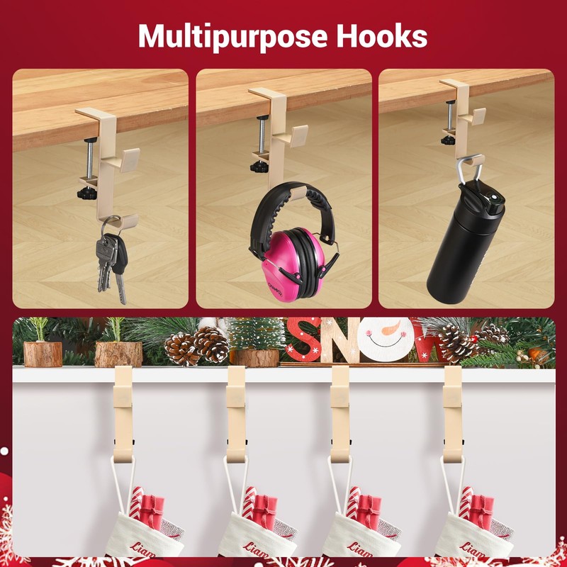 4 Pack Christmas Stocking and Garland Holders with 2 Hooks,