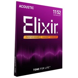Elixir Strings, Acoustic Guitar Strings, Phosphor Bronze with NANOWEB Technology, Longest-Lasting Rich and Full Tone For Life with Comfortable Feel, 6 String Set, Custom Light 11-52